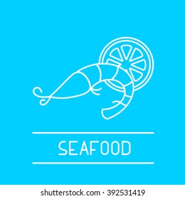 Flat thin line design illustration of food or menu topic include shrimp with lemon. Perfect for web, print, infographic or presentation. Taste seafood icon or logotype for menu or app button