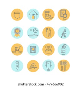 Flat thin line dog care vector web icons.
Set in colored circles. Simple linear conceptual symbols of nutrition, grooming and accessories of dogs. Thin line flat vector related icon set for web.