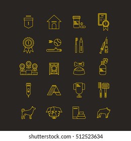 Flat thin line dog care vector web icons. Simple linear conceptual symbols of nutrition, grooming and accessories for dogs. Thin line flat vector related icon set for web and mobile applications.
