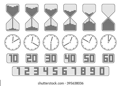 Flat thin line elements for infographics. Hourglass, clock an digital time indicator. Concept vector icon set represent ten seconds time interval icons of sandglass, watch and timer. Dots digit set.