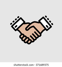 Flat thin line handshake icon. Outline stroke minimal vector agreement concept logo. Round mono hand pictogram. Modern vector art illustration. For web, banner, poster, design element, mobile app.