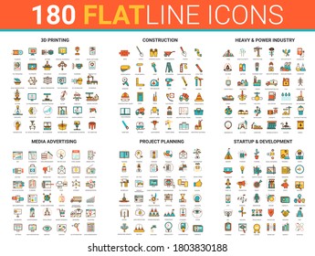 Flat thin line icon vector illustration with 3d printing development, heavy power manufacturing industry and construction, media advertising planning, startup project developing technology outline set