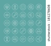 Flat thin line icons modern design style vector set of seo service symbols, website search engine optimization, web analytics and internet business development. Isolated on white background.