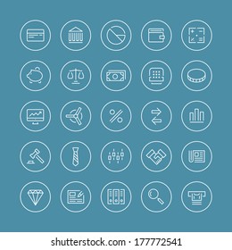 Flat Thin Line Icons Modern Design Style Vector Set Of Financial Service Items, Banking Accounting Tools, Stock Market Global Trading And Money Objects And Elements. Isolated On White Background.