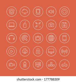 Flache, dünne Linien Symbole Moderne Design-Stil-Vektorgrafik Vektorset von Technologie-Objekt und Ausrüstung, Multimedia-Symbol, Sound-Instrument, Audio-und Video-Element und Element. Einzeln auf weißem Hintergrund