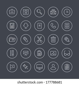 Flat Thin Line Icons Modern Design Style Illustration Vector Set Of Office Equipment, Objects, Tools And Other Elements Using People In Their Work. Isolated On White Background.