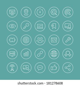 Flat thin line icons modern design style vector set of seo service symbols, website search engine optimization, web analytics and internet business development. Isolated on white background.