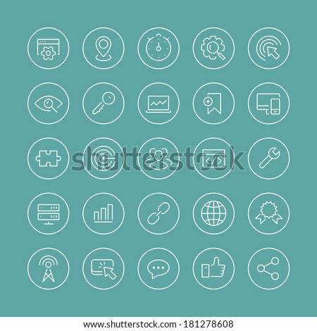 Flat thin line icons modern design style vector set of seo service symbols, website search engine optimization, web analytics and internet business development. Isolated on white background.