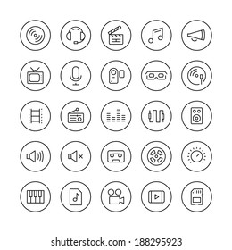 Flat thin line icons set modern design style vector collection of multimedia symbols, sound and music instruments, audio and video items and objects. Isolated on white background.  