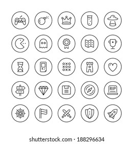 Flat thin line icons set modern design vector collection of game playing award, retro gaming symbol collection, play classic games on video console with game controller. Isolated on white background.