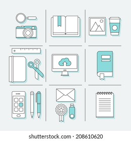 Flat thin line icons set of office supplies and business items. Vector illustration