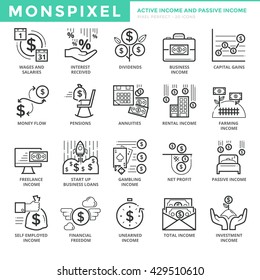 Flat thin line Icons set of Active Income and Passive Income. Pixel Perfect Icons.  Simple mono linear pictogram pack stroke vector logo concept for web graphics