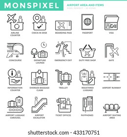 Flat thin line Icons set of Airport Area and Items. Pixel Perfect Icons. Simple mono linear pictogram pack stroke vector logo concept for web graphics