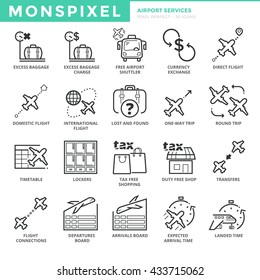 Flat thin line Icons set of Airport Services. Pixel Perfect Icons. Simple mono linear pictogram pack stroke vector logo concept for web graphics