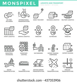 Flat thin line Icons set of Logistic and Transport. Pixel Perfect Icons. Simple mono linear pictogram pack stroke vector logo concept for web graphics