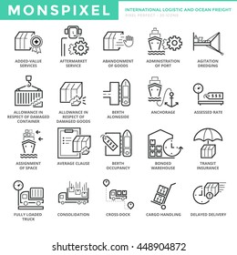 Flache, dünne Linien Icons Set von International Logistic und Ocean Freight. Pixel perfekte Symbole. Einfaches monolineares Piktogramm-Pack, Vektorlogo-Konzept für Web-Grafiken.