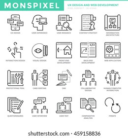 Flat thin line Icons set of UX Design And Web Development. Pixel Perfect Icons. Simple mono linear pictogram pack stroke vector logo concept for web graphics.