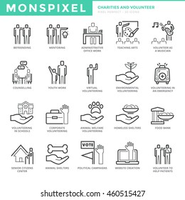 Flat thin line Icons set of Charities and Volunteer. Pixel Perfect Icons. Simple mono linear pictogram pack stroke vector logo concept for web graphics.