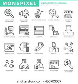 Flat thin line Icons set of Digital Marketing and SEO. Pixel Perfect Icons. Simple mono linear pictogram pack stroke vector logo concept for web graphics.