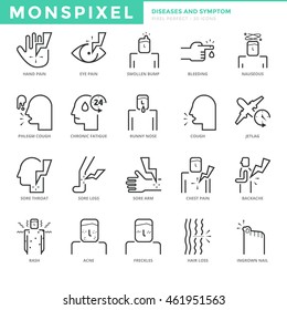 Flat thin line Icons set of Diseases and Symptom. Pixel Perfect Icons. Simple mono linear pictogram pack stroke vector logo concept for web graphics.