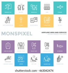 Flat thin line Icons set of Airplane Area and Services. Pixel Perfect Icons. Simple mono linear pictogram pack stroke vector logo concept for web graphics.