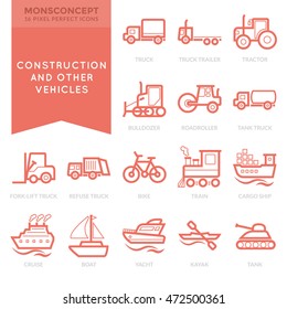 Flat thin line Icons set of Construction Vehicles and Other for Mobile Application, Infographics, Logo and Websites. Pixel Perfect Icons.