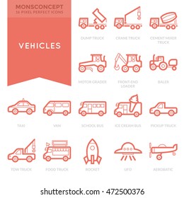 Flat thin line Icons set of Vehicles for Mobile Application, Infographics, Logo and Websites. Pixel Perfect Icons.