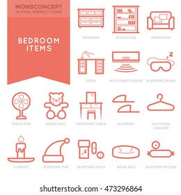 Flat thin line Icons set of Bedroom for Mobile Application, Infographics, Logo and Websites. Pixel Perfect Icons.