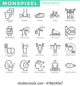 Flat thin line Icons set of Healthy Lifestyle. Pixel Perfect Icons. Simple mono linear pictogram pack stroke vector logo concept for web graphics.