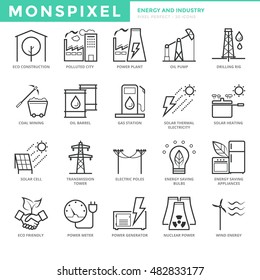 Flat thin line Icons set of Energy and Industry for Web Development. Pixel Perfect Icons. Simple mono linear pictogram pack stroke vector logo concept for web graphics.