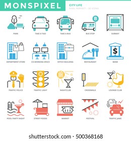 Flat thin line Icons set of City life. Pixel Perfect Icons. Simple mono linear pictogram pack stroke vector logo concept for web graphics.