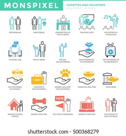 Flat thin line Icons set of Charities and Volunteer. Pixel Perfect Icons. Simple mono linear pictogram pack stroke vector logo concept for web graphics.