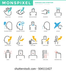 Flat thin line Icons set of Diseases and Symptom. Pixel Perfect Icons. Simple mono linear pictogram pack stroke vector logo concept for web graphics.