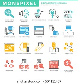 Flat thin line Icons set of Digital Marketing and SEO. Pixel Perfect Icons. Simple mono linear pictogram pack stroke vector logo concept for web graphics.