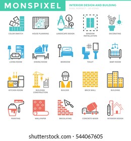 Flat thin line Icons set of Interior Design and Building. Pixel Perfect Icons. Simple mono linear pictogram pack stroke vector logo concept for web graphics.