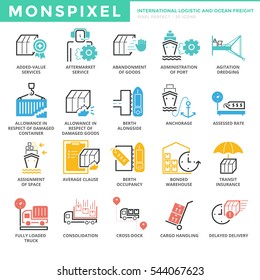 Flat thin line Icons set of International Logistic and Ocean Freight. Pixel Perfect Icons. Simple mono linear pictogram pack stroke vector logo concept for web graphics.