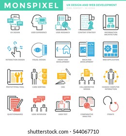 Flat thin line Icons set of UX Design And Web Development. Pixel Perfect Icons. Simple mono linear pictogram pack stroke vector logo concept for web graphics.