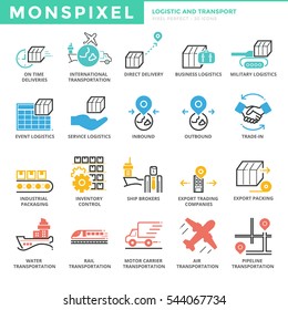 Flat thin line Icons set of Logistic and Transport. Pixel Perfect Icons. Simple mono linear pictogram pack stroke vector logo concept for web graphics