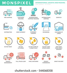 Flat thin line Icons set of International Logistic and Packing. Pixel Perfect Icons. Simple mono linear pictogram pack stroke vector logo concept for web graphics.