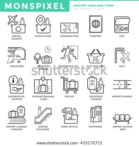 Flat thin line Icons set of Airport Area and Items. Pixel Perfect Icons. Simple mono linear pictogram pack stroke vector logo concept for web graphics