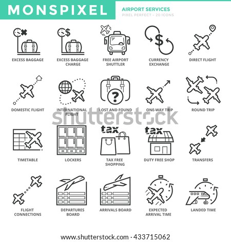 Flat thin line Icons set of Airport Services. Pixel Perfect Icons. Simple mono linear pictogram pack stroke vector logo concept for web graphics