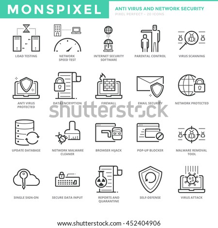 Flat thin line Icons set of Anti Virus and Network Security for Web Development. Pixel Perfect Icons. Simple mono linear pictogram pack stroke vector logo concept for web graphics.