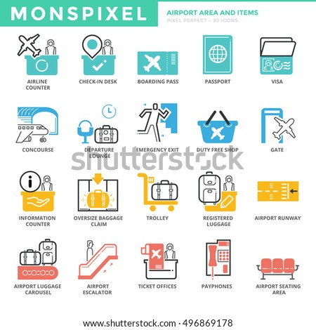 Flat thin line Icons set of Airport Area and Items. Pixel Perfect Icons. Simple mono linear pictogram pack stroke vector logo concept for web graphics