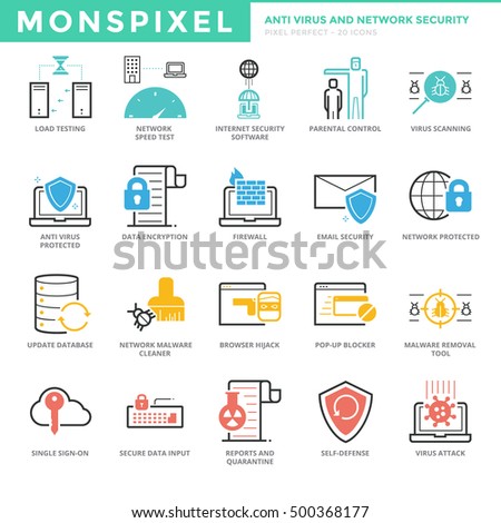 Flat thin line Icons set of Anti Virus and Network Security for Web Development. Pixel Perfect Icons. Simple mono linear pictogram pack stroke vector logo concept for web graphics.