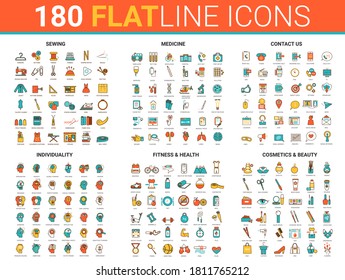 Flat thin line icons vector illustration with sewing items for textile industry, infographic medicine hospital health care, beauty and fitness sport training symbols, contact us communication set