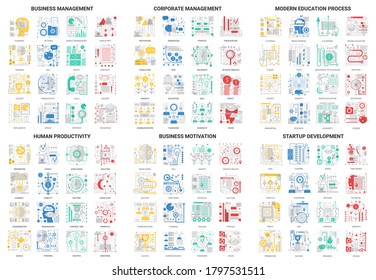 Flat thin line modern abstract icons vector illustration, outline educational and development management set with corporate business education process and startup, motivation for human productivity