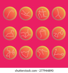 Flat thin line set of simple round zodiac constellations icons on color background - for web and print. Vector illustration