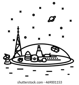 Flat thin line space colony illustration
