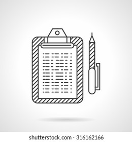 Flat thin line style vector icon for office. Clipboard with document and pen. Web design element for business.