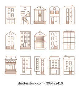 Flat thin line vector city buildings set. Isolated on white background. Downtown skyline constructor.